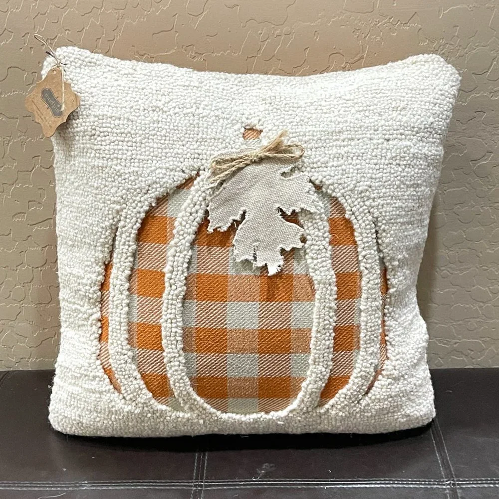 New Mud Pie Pumpkin Pillow Recessed Hooked White Orange Plaid Fall Halloween